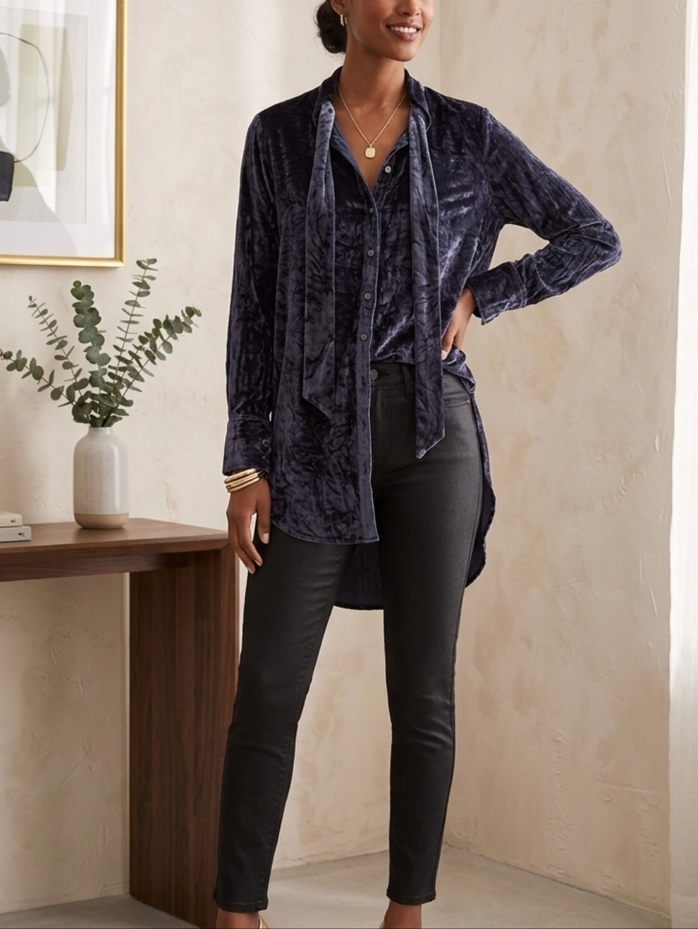 Anthropologie Mauve Navy Crushed Velvet Tie-Neck Tunic | Size 14 Excellent